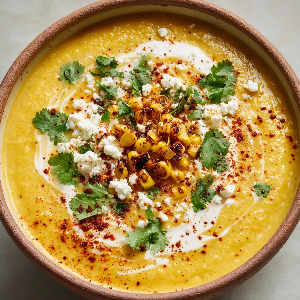 Close-up of thick golden-yellow Mexican Street Corn Soup with cotija cheese and fresh cilantro garnishes.