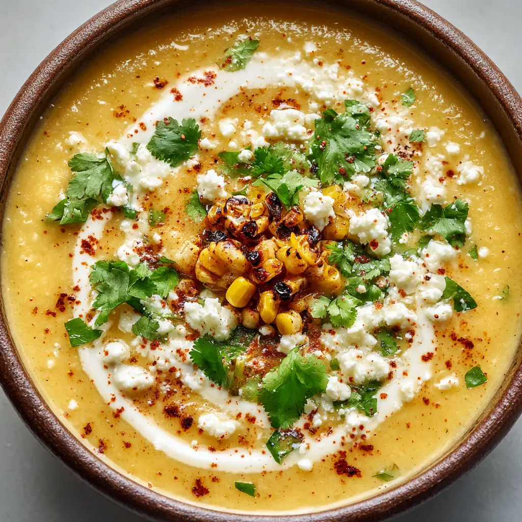 Rustic bowl of Mexican Street Corn Soup featuring a thick swirl of Mexican crema and charred corn kernels.