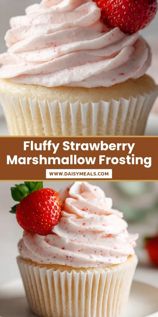 A tall, fluffy swirl of light pink Strawberry Marshmallow Frosting on a vanilla cupcake with a fresh strawberry garnish.