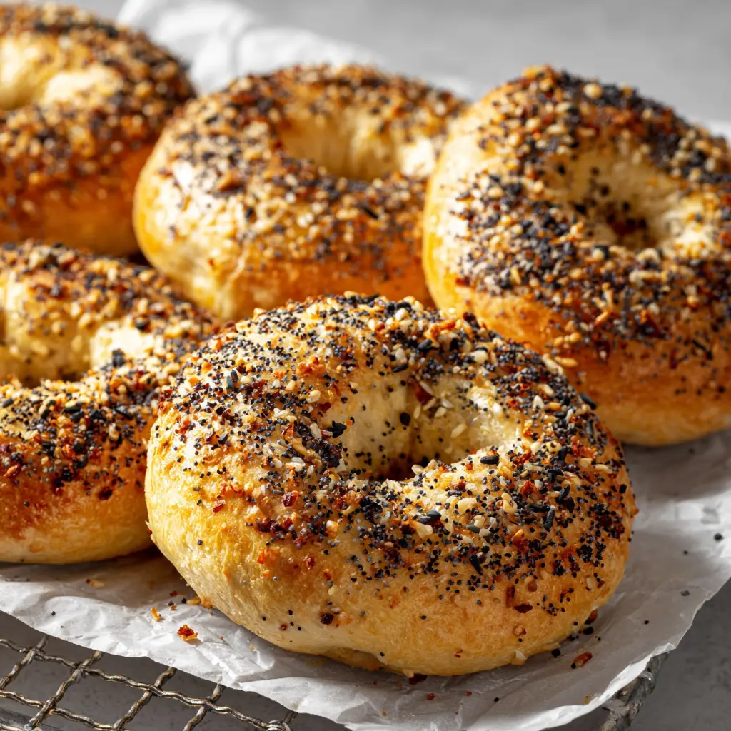 Close up shot of golden-brown Cottage Cheese Bagels on crinkled white parchment paper showing a glossy, blistered crust.