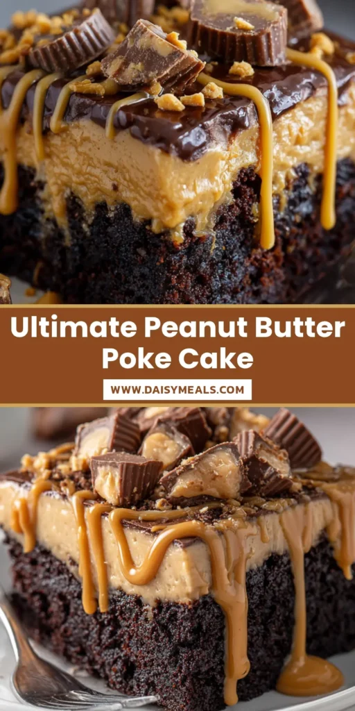A thick slice of Chocolate Peanut Butter Poke Cake on a white plate with visible peanut butter filling overflowing from the holes and a glossy chocolate frosting.