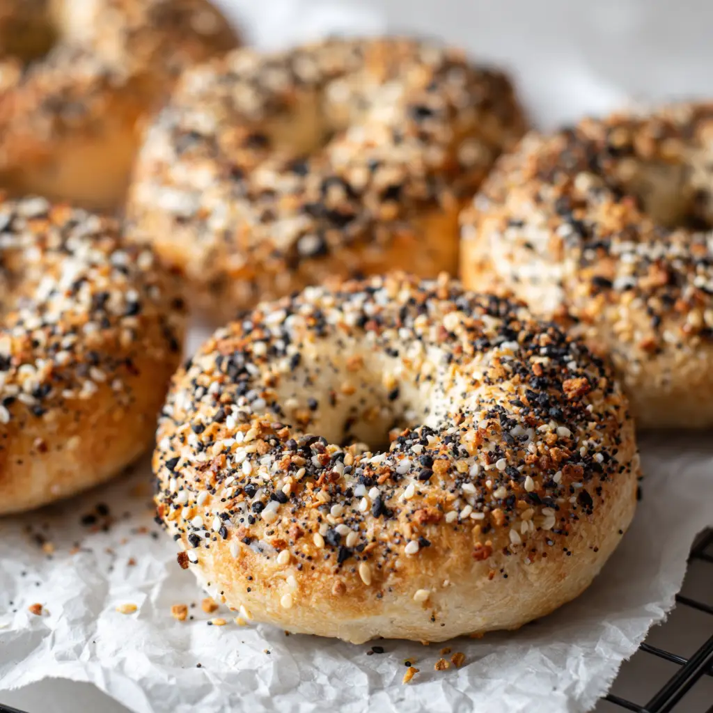 A handheld smartphone photo of homemade Cottage Cheese Bagels on a cooling rack, showcasing the heavy sesame and poppy seed topping.