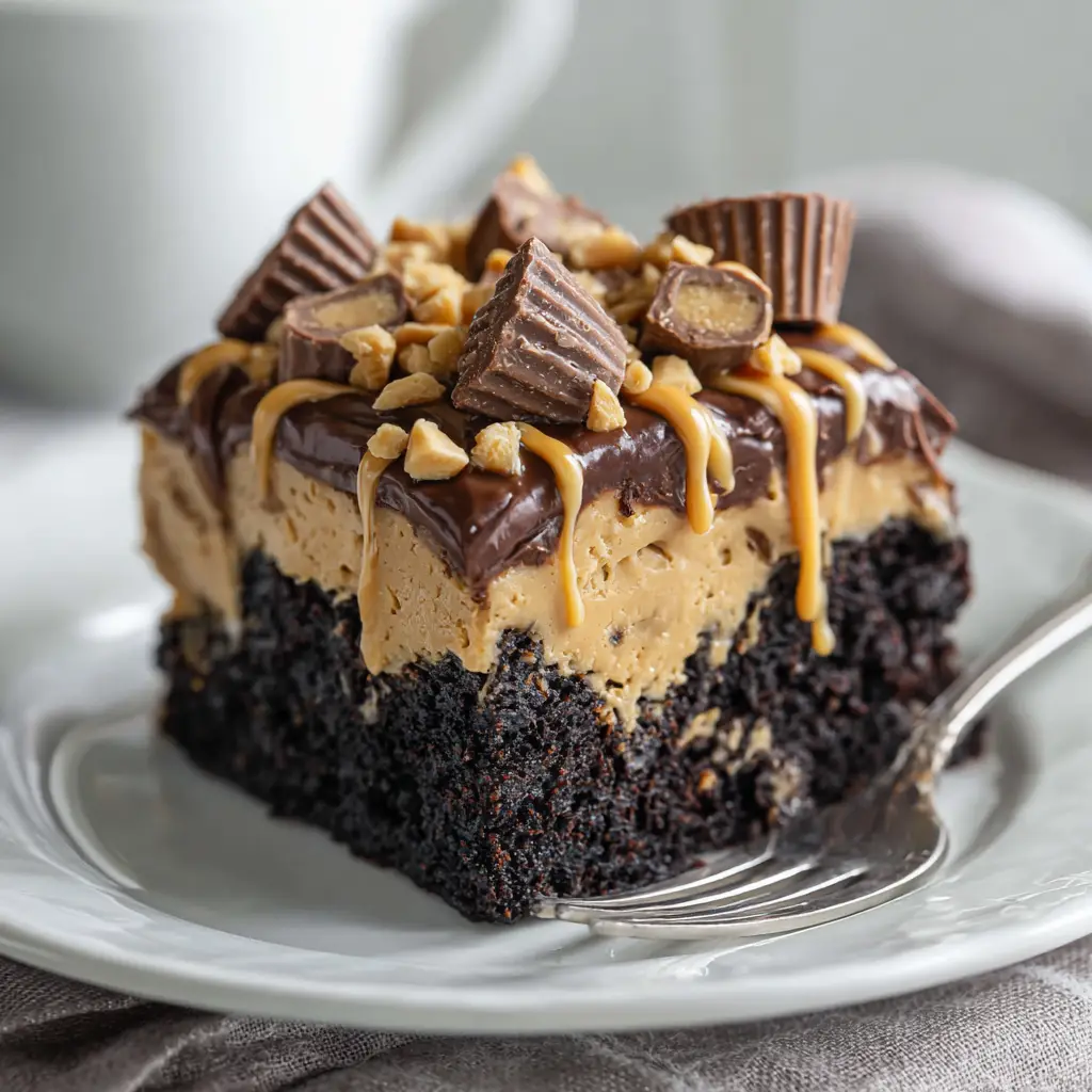 Close up of Chocolate Peanut Butter Poke Cake with wide holes filled with light brown peanut butter sauce and dark chocolate frosting.