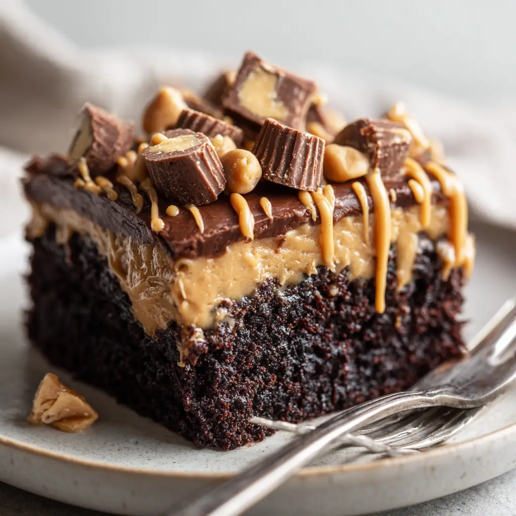 Overhead view of a slice of Chocolate Peanut Butter Poke Cake with melted peanut butter drizzle and chopped peanut butter cups.