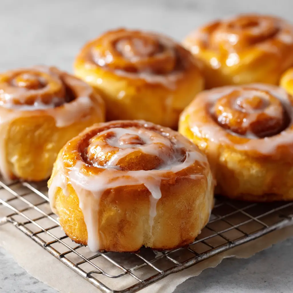 Homemade Honey Buns arranged on a metal rack over parchment paper with thick white icing pooling underneath.