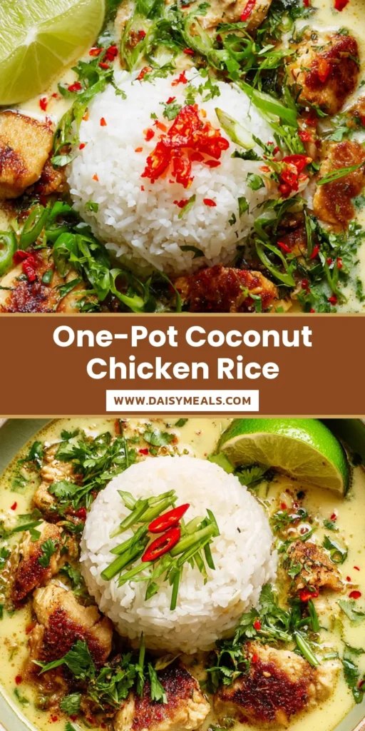 A top-down shot of Coconut Chicken Brothy Rice in a shallow ceramic bowl with creamy yellow broth, white rice, golden-brown chicken, and red chili oil droplets.