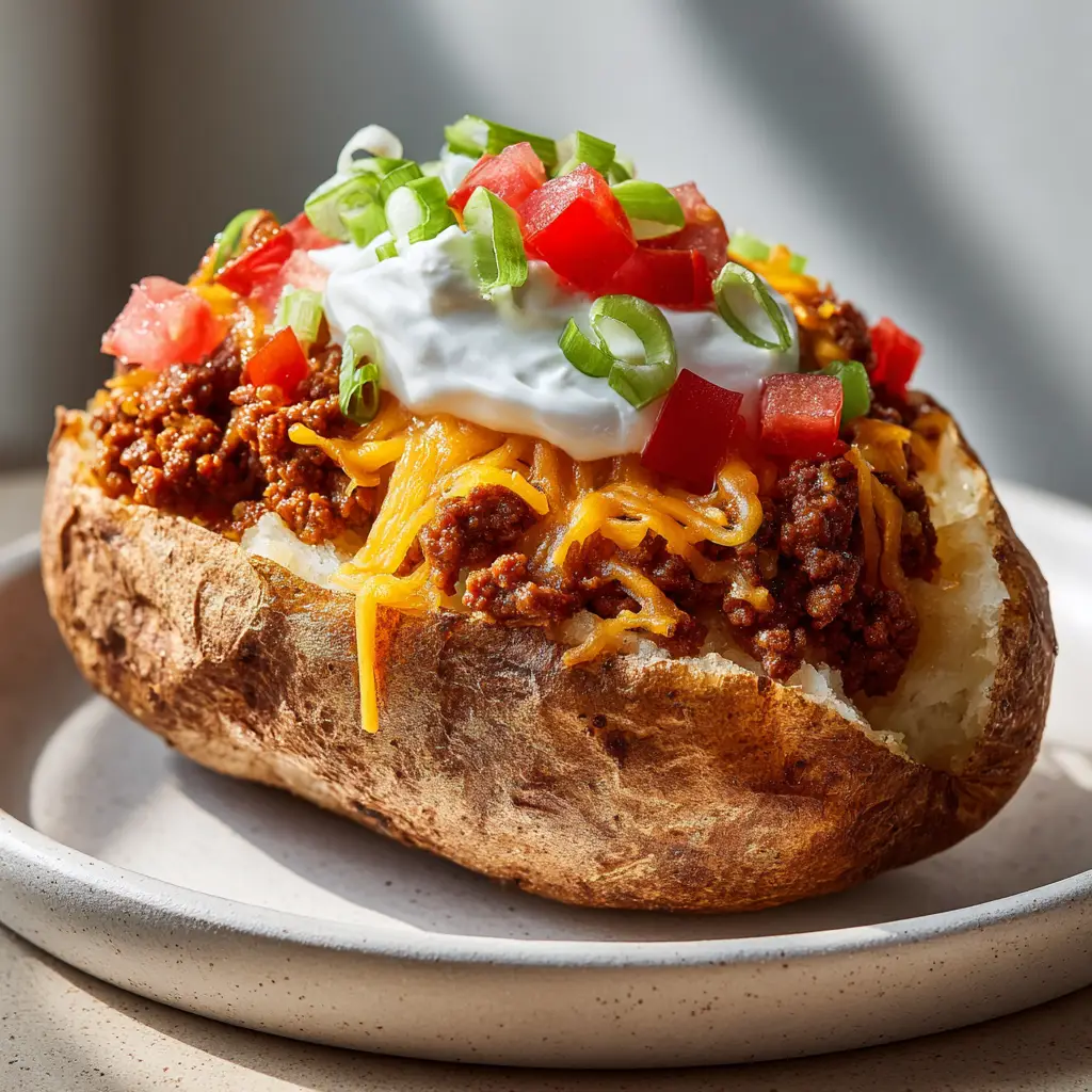 High-angle close-up of a steaming russet potato loaded with dark reddish-brown taco beef and thick ribbons of melted orange cheddar cheese. (Taco Loaded Baked Potatoes)