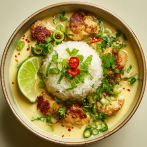 Close-up of creamy light-yellow coconut broth with red chili oil droplets and fresh green scallions. (Coconut Chicken Brothy Rice)