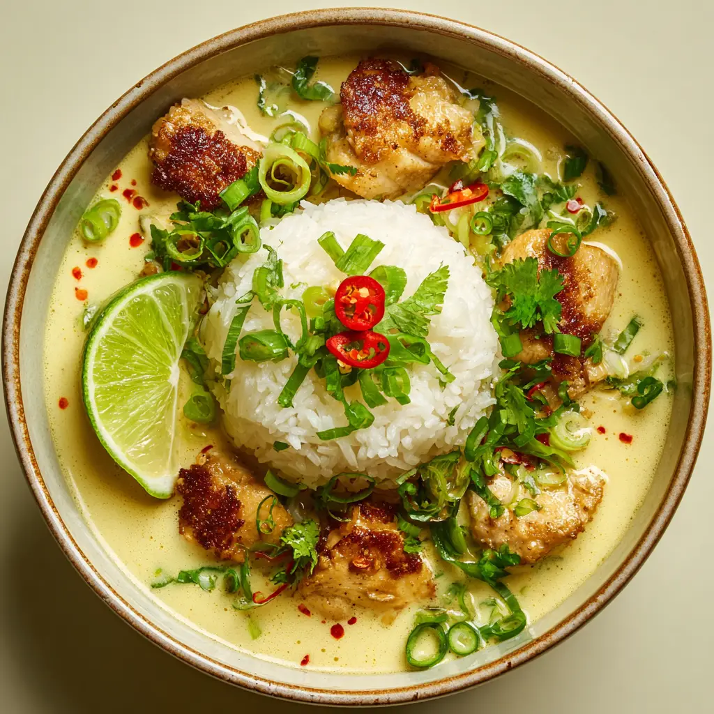 Close-up of creamy light-yellow coconut broth with red chili oil droplets and fresh green scallions. (Coconut Chicken Brothy Rice)