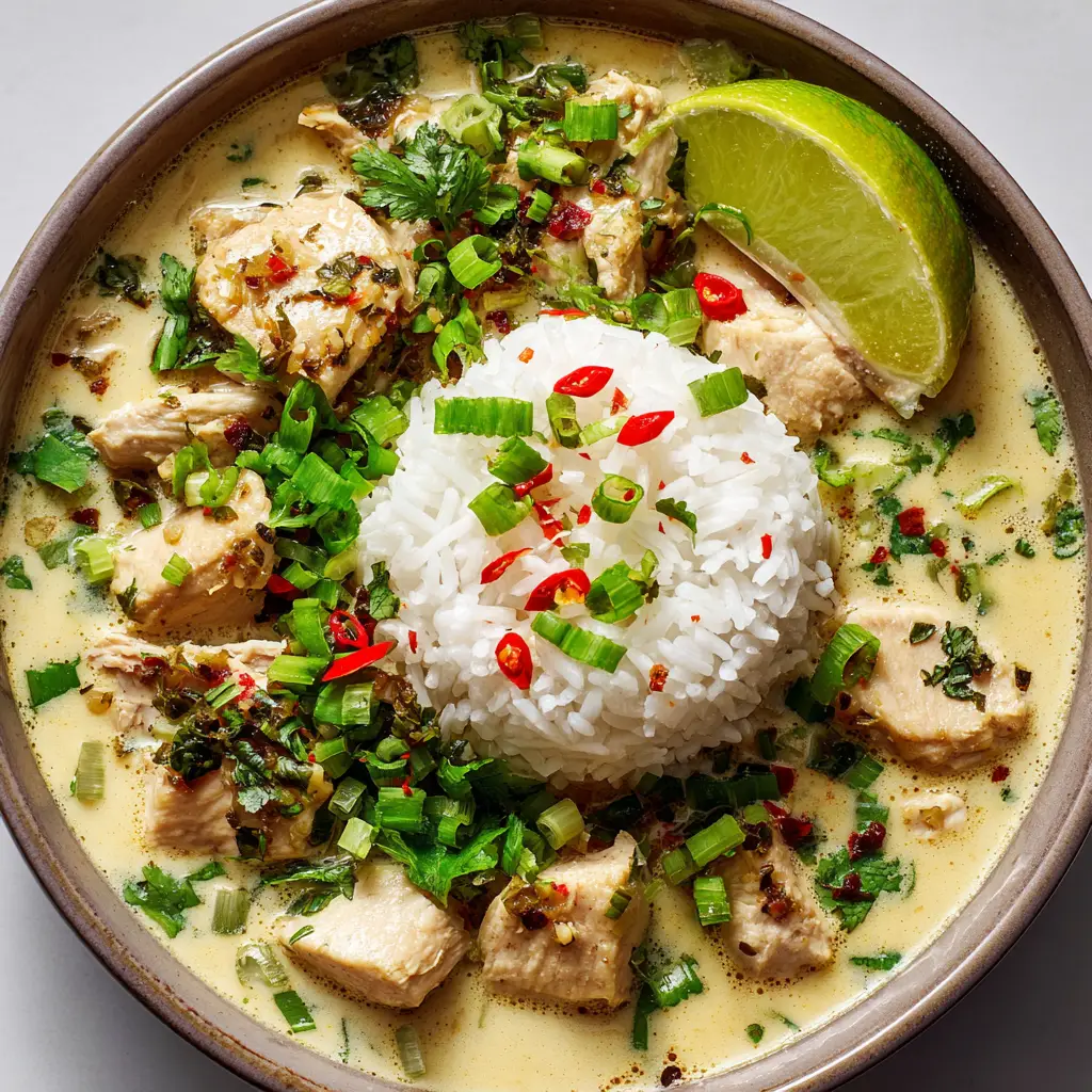 A shallow ceramic bowl with fluffy white rice, pan-seared chicken, and a fresh lime wedge. (Coconut Chicken Brothy Rice)