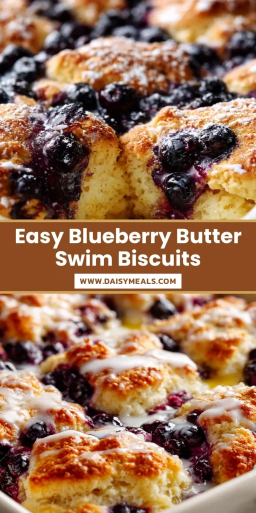 A top-down view of Blueberry Butter Swim Biscuits in a white dish with glossy glaze and purple berry swirls.