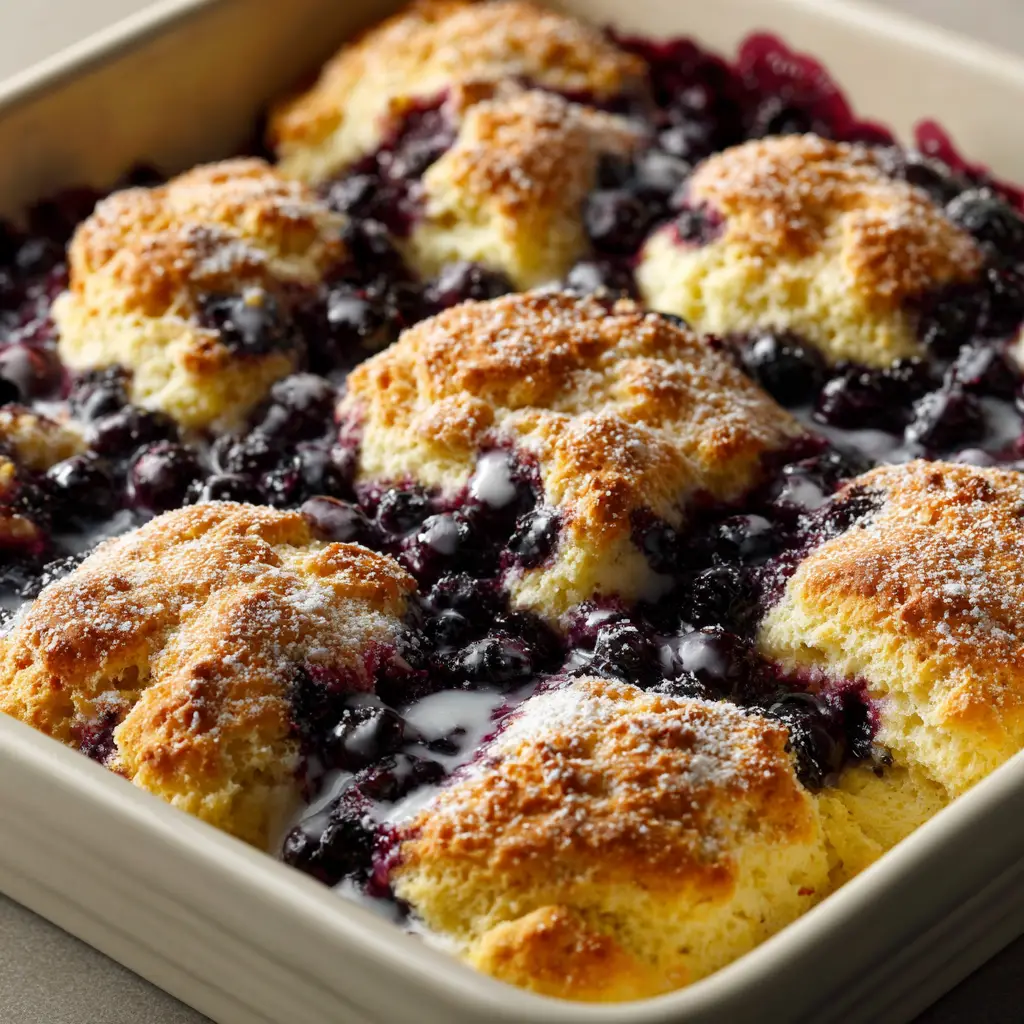 Close-up of golden-brown Blueberry Butter Swim Biscuits with craggy tops and melted butter pool edges. (Blueberry Butter Swim Biscuits)