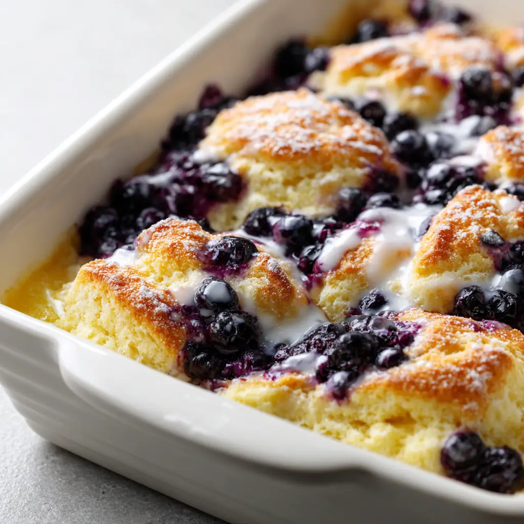 Semi-translucent white sugar glaze drizzled over warm Blueberry Butter Swim Biscuits in a ceramic dish.