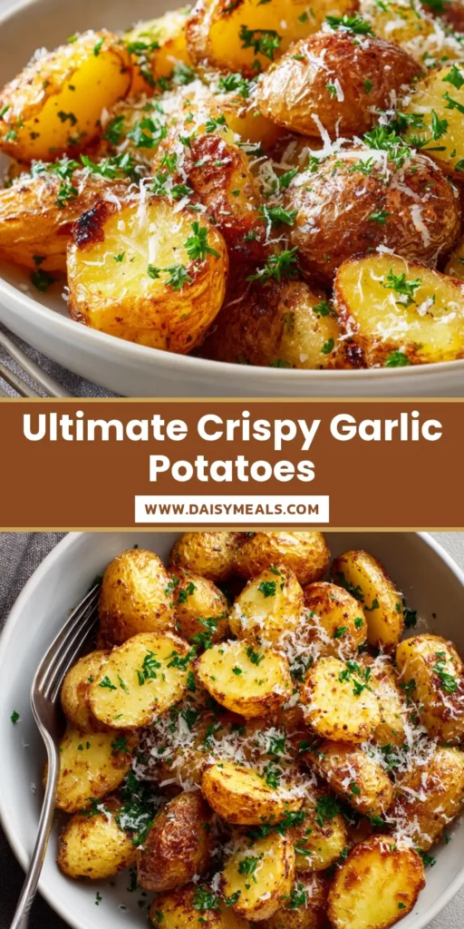 Eye-level shot of crispy, golden-brown Garlic Parmesan Roasted Potatoes in a white bowl with a silver fork.