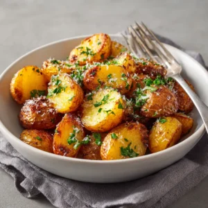 Close-up of golden-brown roasted potatoes with finely grated parmesan and parsley. (Garlic Parmesan Roasted Potatoes)