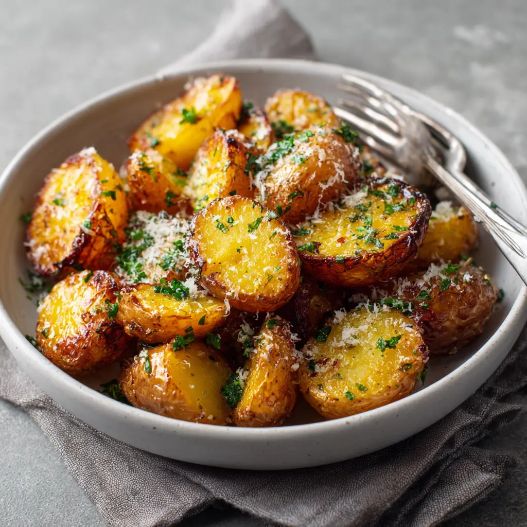 Halved Garlic Parmesan Roasted Potatoes served on a neutral grey textured surface with a linen napkin.
