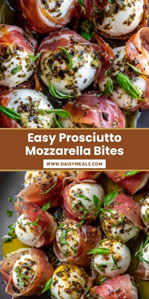 Prosciutto Wrapped Mozzarella with Herbed Olive Oil 4 A professional overhead shot of baked Prosciutto Wrapped Mozzarella balls on a dark plate, garnished with fresh basil and herb oil.