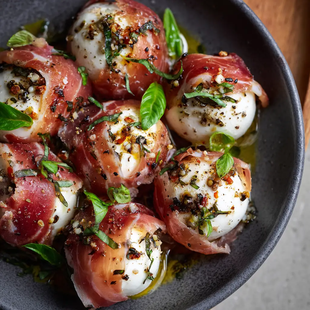 Close-up of Prosciutto Wrapped Mozzarella bites glistening with herbed olive oil and black pepper on a matte grey ceramic plate.