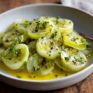 Thinly sliced Sauteed Leeks rounds showing golden-green caramelization and a rich butter sauce. (Sauteed Leeks)