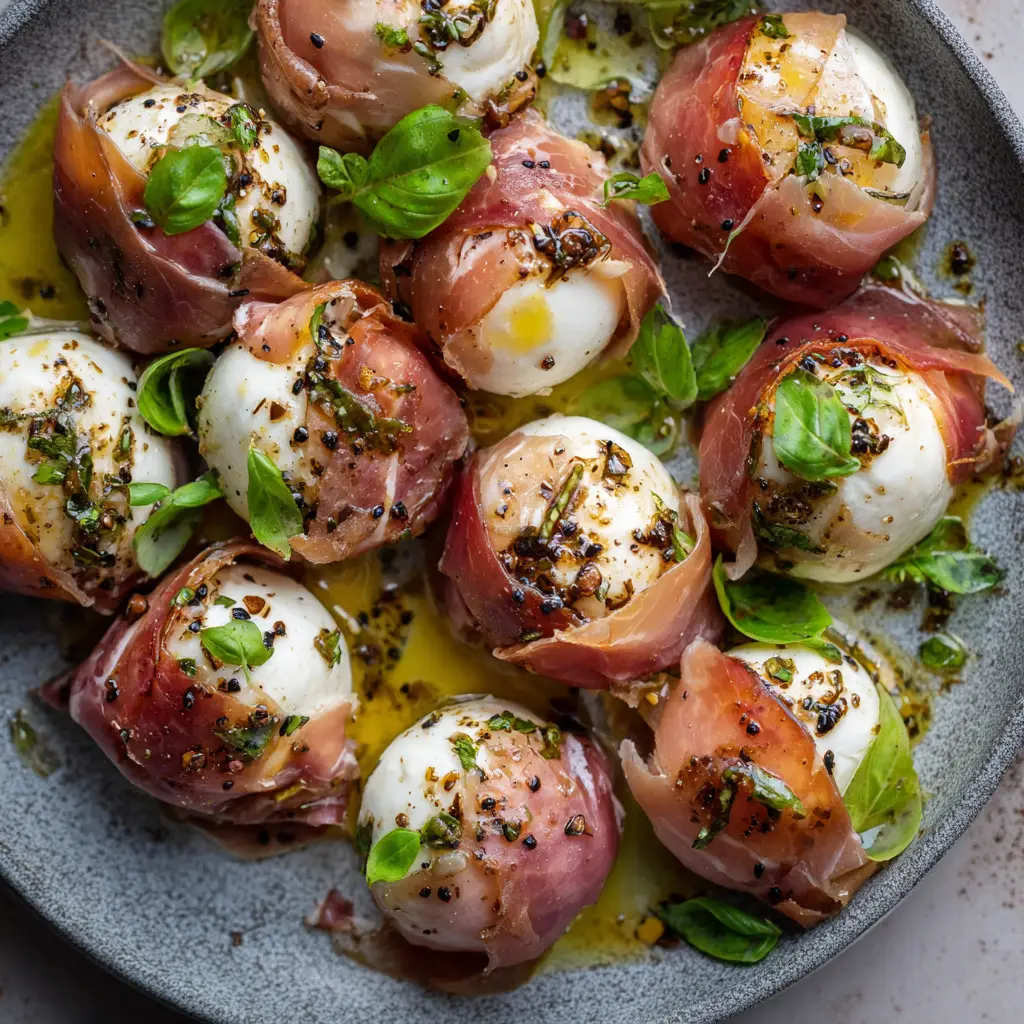 Prosciutto Wrapped Mozzarella with Herbed Olive Oil 1 Multiple Prosciutto Wrapped Mozzarella balls arranged elegantly on a dark platter with fresh basil garnish.