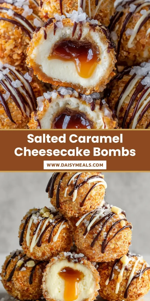 Salted Caramel Pretzel Cheesecake Balls: The Ultimate No-Bake Gourmet Dessert 3 A close-up shot of elegant Salted Caramel Pretzel Cheesecake Balls stacked neatly, showcasing a cut bite revealing an oozing liquid caramel core.
