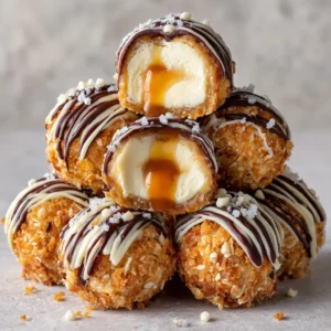 Macro view of a pile of Salted Caramel Pretzel Cheesecake Balls, covered in crushed pretzels with intersecting dark and white chocolate drizzles.