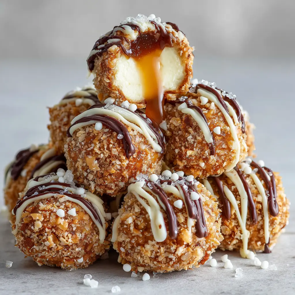 Salted Caramel Pretzel Cheesecake Balls: The Ultimate No-Bake Gourmet Dessert 1 A halved Salted Caramel Pretzel Cheesecake Ball sitting on a light-gray textured surface, showing a thick off-white filling and an oozing liquid amber caramel center.