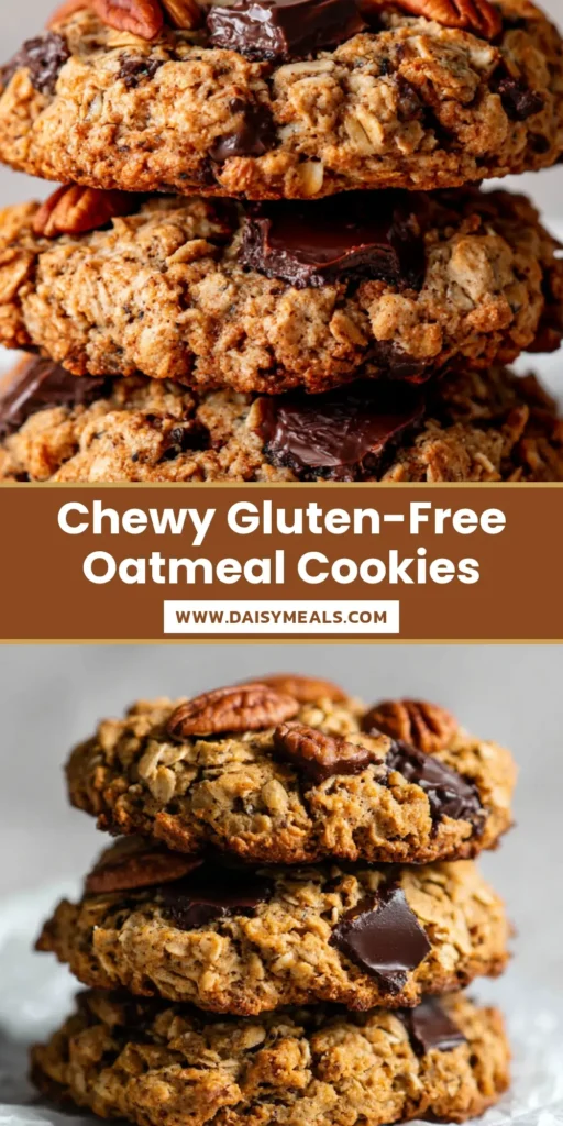 A stack of thick Gluten-Free Oatmeal Cookies with whole pecans and dark chocolate chunks on white parchment paper.