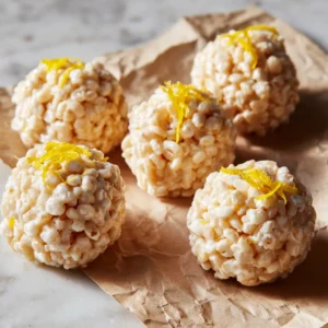Close-up of perfectly spherical Lemon Rice Krispie Treats with a pale yellow glossy coating and a single strand of lemon zest.