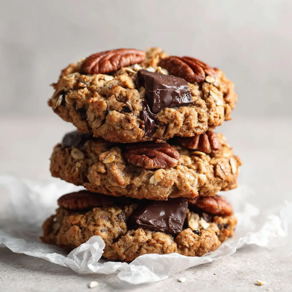 Top-down view of rustic Gluten-Free Oatmeal Cookies showing whole rolled oats and melted dark chocolate.