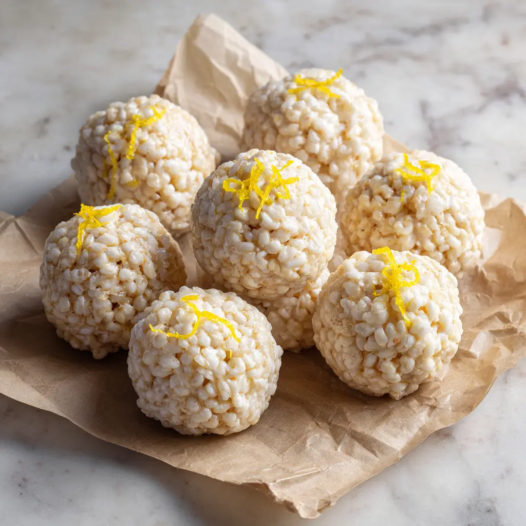 Handheld photo of Lemon Rice Krispie Treats arranged on light brown parchment paper on a marble background.