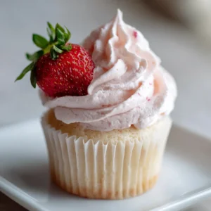 Close-up of glossy Strawberry Marshmallow Frosting showing tiny red strawberry flecks and an airy texture.