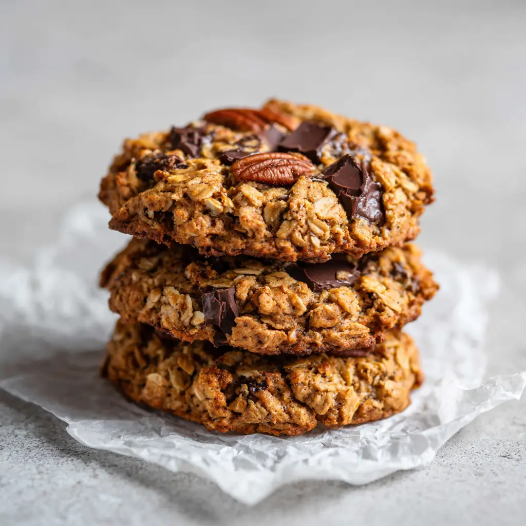 Close up of a stack of three Gluten-Free Oatmeal Cookies on crumpled parchment paper with golden brown edges.