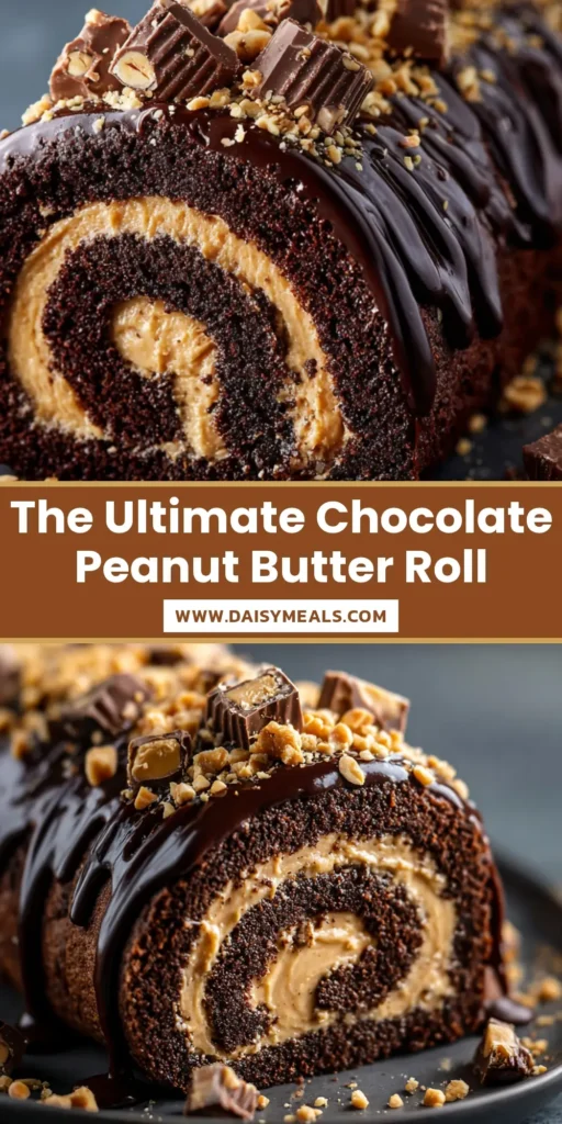 A thick Peanut Butter Cup Chocolate Roll sliced on a dark plate, showing a perfect spiral filling and glossy ganache.