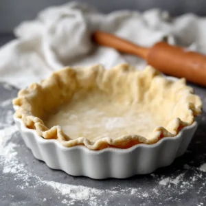 Unbaked pie crust recipe showing visible layers of butter and a flour-dusted smooth bottom.