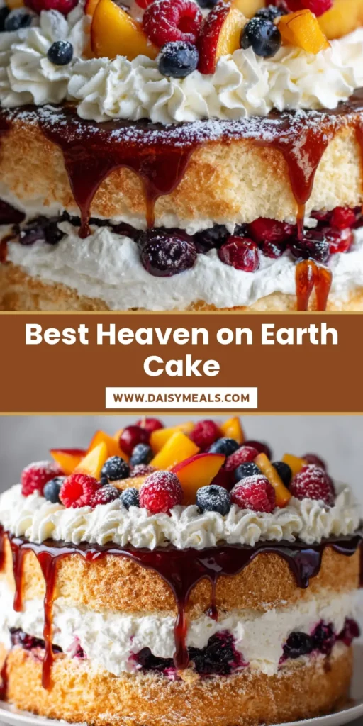 A two-layer Heaven on Earth Cake with golden-brown angel food layers, creamy white pudding, whole blueberries, and a dark amber glaze dripping down the sides on a white plate.