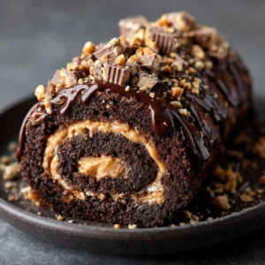 A handheld photo of a sliced chocolate cake roll with peanut butter filling and chopped candy toppings. (Peanut Butter Cup Chocolate Roll)