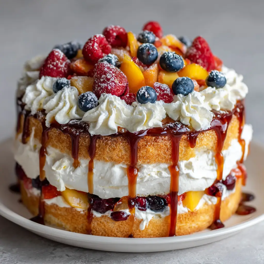 Side view of a Heaven on Earth Cake showing the thick creamy white pudding filling loaded with berries between golden brown cake layers.