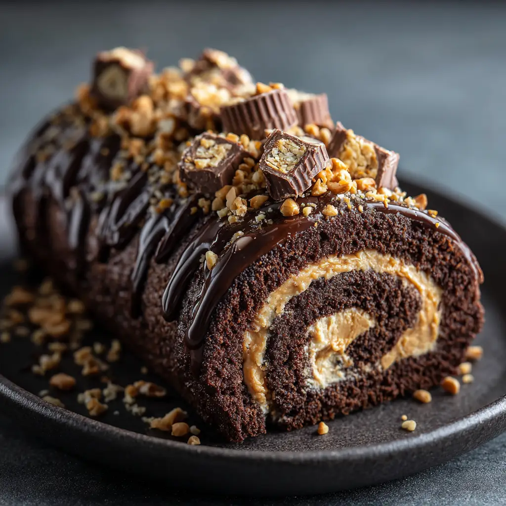 Close up of the glossy dark chocolate ganache and chopped peanut butter cup garnish on a cake roll.