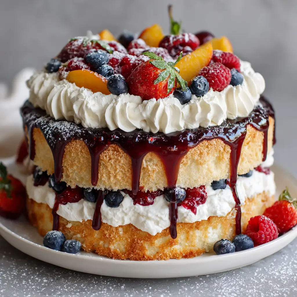 Top view of Heaven on Earth Cake featuring piped whipped cream rosettes, fresh strawberries, raspberries, and chopped peaches with powdered sugar.