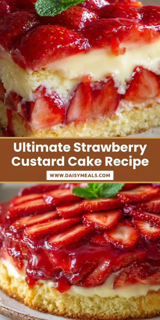 A tall slice of Strawberry Custard Cake with a golden sponge, thick yellow custard, and glazed strawberries on a rustic plate.