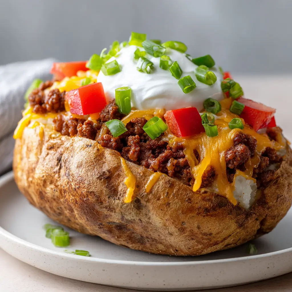 Taco Loaded Baked Potatoes: The Ultimate Hearty Weeknight Dinner 1 A smartphone-style photo of a Taco Loaded Baked Potato on a white ceramic plate, showing fresh diced Roma tomatoes and sliced scallions as garnish.