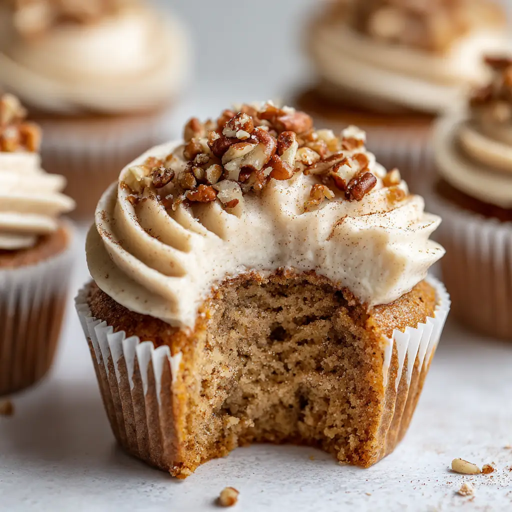 A close-up of a Banana Cinnamon Pecan Cupcake with a bite taken out, showing the light and fluffy interior crumb.