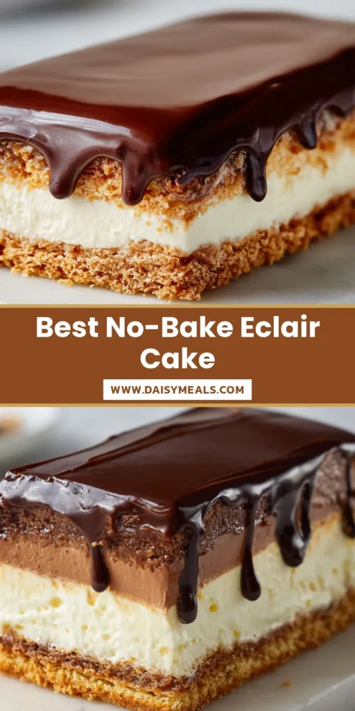 No-Bake Chocolate Eclair Cake with a Silky Custard Filling and Glossy Ganache 4 A pristine rectangular slice of No-Bake Chocolate Eclair Cake on a marble slab, showing the distinct golden-brown crust, vanilla custard layer, and glossy dark chocolate ganache drip.