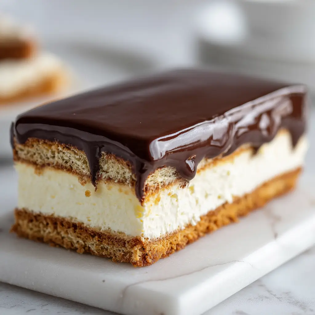No-Bake Chocolate Eclair Cake with a Silky Custard Filling and Glossy Ganache 2 Side view of a No-Bake Chocolate Eclair Cake slice showing the crisp golden crust and thick creamy custard under a smooth dark chocolate ganache.