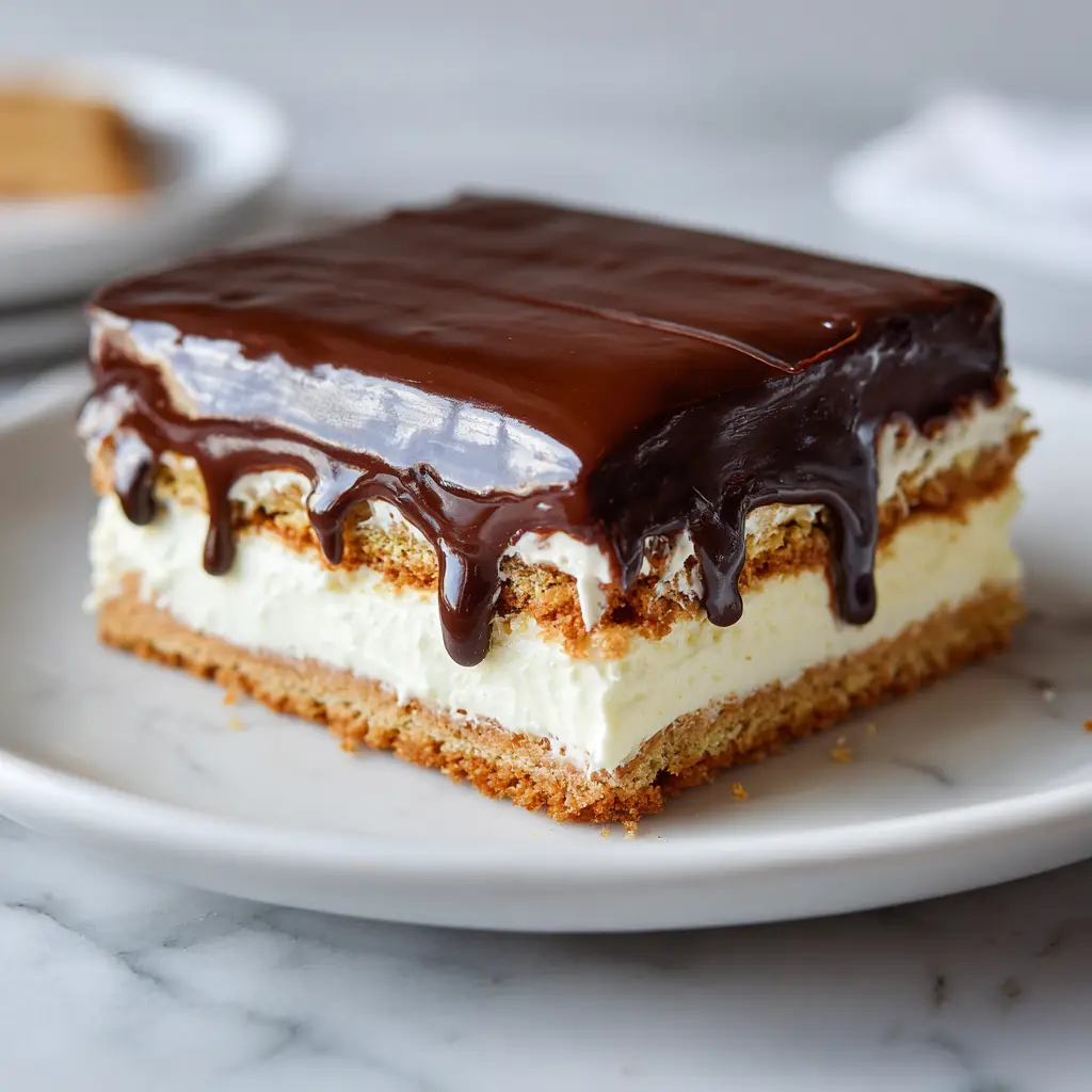 No-Bake Chocolate Eclair Cake with a Silky Custard Filling and Glossy Ganache 1 Close-up of the reflective dark chocolate ganache dripping over the edge of a No-Bake Chocolate Eclair Cake.