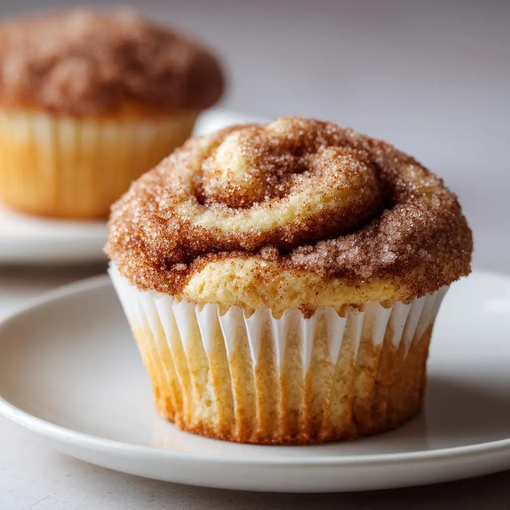 A close-up smartphone photo of a single Cinnamon Roll Protein Muffin in a white liner sitting on a white plate with a visible cinnamon swirl pattern on top.