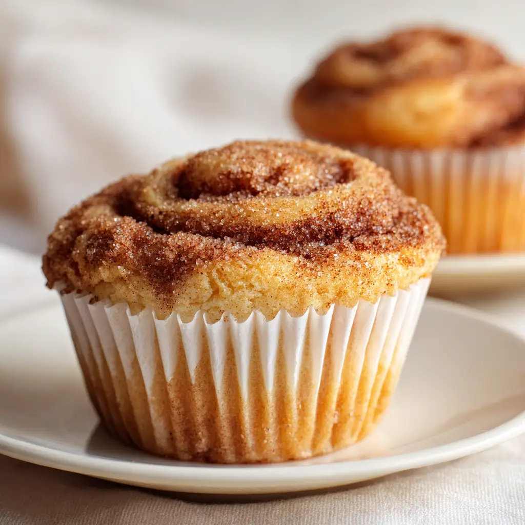 A beautiful golden-brown Cinnamon Roll Protein Muffin heavily dusted with granulated sugar and fine brown cinnamon powder.