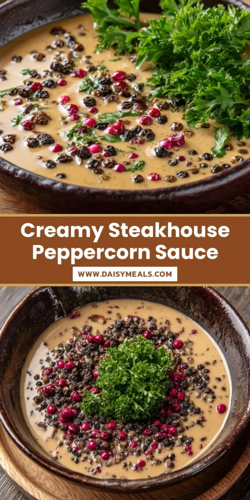 A rustic, dark brown earthenware bowl filled with a thick, creamy, light-brown peppercorn sauce. The semi-glossy surface is covered with coarsely crushed black peppercorns, whole black peppercorns, and whole pink peppercorns, garnished with a dense bunch of fresh curly parsley. (Peppercorn Sauce Recipe)