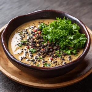 An unedited handheld smartphone photo of a thick, light-brown peppercorn sauce in an irregular dark brown bowl, resting on a wooden plate over a dark wood grain surface. (Peppercorn Sauce Recipe)